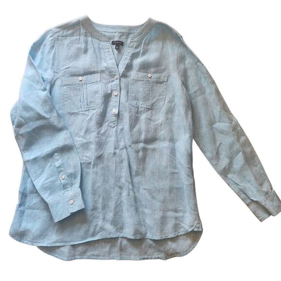 Talbots Shirt Women's Small Sky Blue Linen Pintuck Popover Tunic Summer - Picture 1 of 5